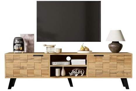 TV-Schrank 160 cm, TV Lowboard 2 Türen und 2 offenen Fächern, Kehrroboterfreundlicher Fernsehschrank, Fernsehtisch Kabelführungsöffnung, Moderner Schlichter TV-Schrank, Nordischer Stil, Holzmaserung