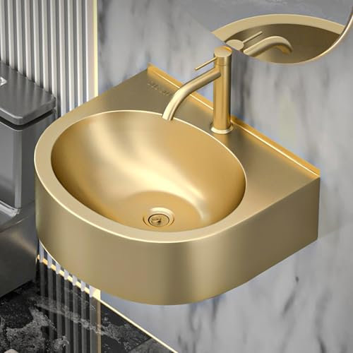 Eckwaschbecken Aus Edelstahl,Wandhängendes Aufsatzwaschbecken Badezimmer,Oval Eckig Waschbecken,Modernes Waschbecken,Waschbecken Gäste Wc,Handwaschbecken Klein Gäste Wc,Für Kleine Räume(Gold)