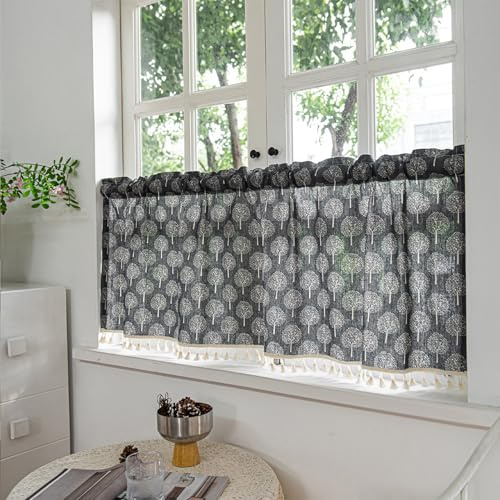 NSXIN Scheibengardine Halbtransparent Bistrogardine Blumen Küchengardinen Landhausstil Gardinen Quasten Vorhänge Kurz für kleine Fenster Küche Wohnzimmer (Glücksbaum,150cm*46cm)