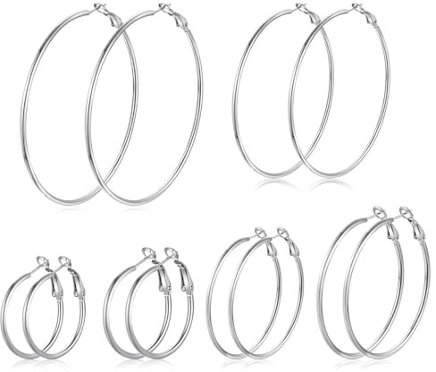 6 Paar Creolen Silber für Damen Ohrringe Groß Silber Hypoallergene Leichte Ohrringe Creolen Edelstahl für Mädchen 30/40/50/60/70/80 mm