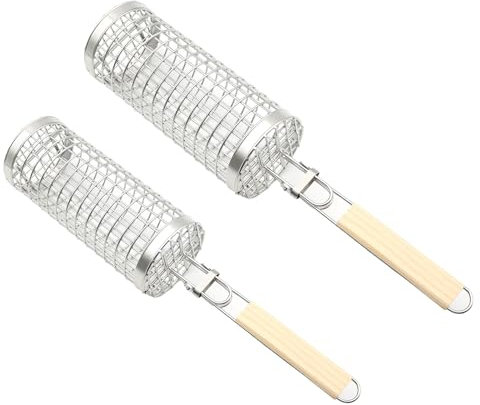 Nesting Grill Baskets - Nesting Grill Baskets with Removable Wooden Handles | Stainless Steel Rolling Grill Mesh | Grill Basket | Outdoor Grill Basket for Vegetables -