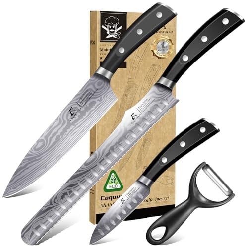 Chef Knife Set, Professional Damascus Pattern Kitchen Knives Set 4 Pcs Without Block, Sharp German Stainless Steel, for Bread, Meat Cutting, Fruits, Vegetable, BBQ, Home Cooking, Singles, Black