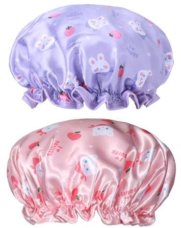 BOHUIZ 2 PCS Kids Shower Caps, Waterproof Double Layers Shower Caps Cute Rabbit Bonnets Elastic Band Bonnet Satin and Eva Soft Toddler Sleeping Cap Reusable Shower Cap for Kids(Pink + Purple)