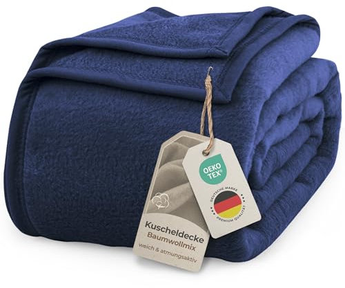 LAYNENBURG Premium Baumwolldecke 220x240 cm - Oeko-TEX 100 - Baumwollmix Kuscheldecke - Decke als Wohndecke, Sofa-Decke & Couchdecke - Wolldecke kuschelig-warm aus Baumwolle (blau)