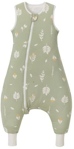Nivolltha Schlafsack mit Füßen 2.5 TOG Baumwolle Blätter XS | 100% Baumwolle weicher Winterschlafsack mit Füßen, Seitenreißverschluss & Schrittknöpfe, 80-90cm, 1-2 Jahre