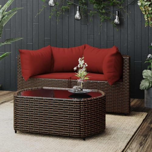 XHNIFBN Canapé de jardin 3 pièces 63 x 63 x 57,5 cm, marron, en polyrotin, banc d'angle avec coussin à la cannelle et table basse en verre trempé, design moderne, structure robuste, pour balcon