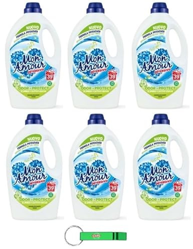 6 X Mon Amour Odor Protection detersivo antiodore – lavatrice detersivo liquido – formula migliorata con profumo aggiuntivo, 39 lavaggi 1560 ml + portachiavi Beni Culinari