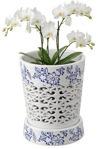 Neptuiby Orchid Planter, Ceramic Orchid Pots with Drainage Holes and Saucer 4 Inch Breathable Pots for Healthy Growth, Elegant Home Decor