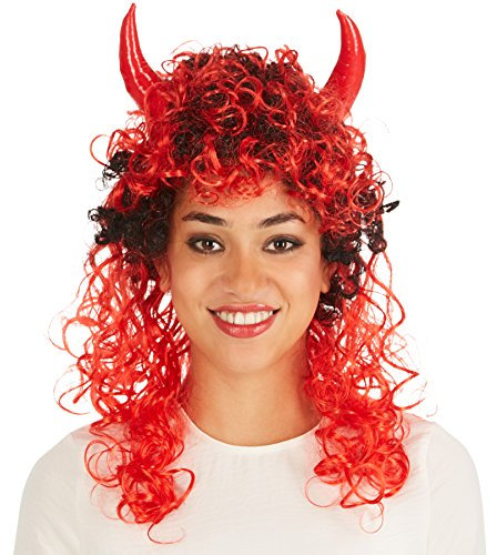 dressforfun Perücke Teufel rot- schwarz mit Hörnern | lang lockig | Fasching Halloween Teufelin
