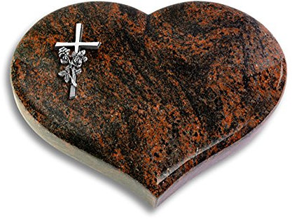Grabplatte, Grabstein, Grabherz, Urnengrabstein Modell Coeur 40 x 30 x 7 cm Aruba-Granit, poliert inkl. Gravur (Aluminium-Ornament Kreuz/Rose)