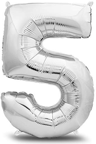 envami® Folienluftballon Zahl XXL Silber 101cm - Geburtstagsdeko Riesen Zahlenballon - Ballon Zahl Deko zum Geburtstag - fliegt mit Helium (Zahl 5)