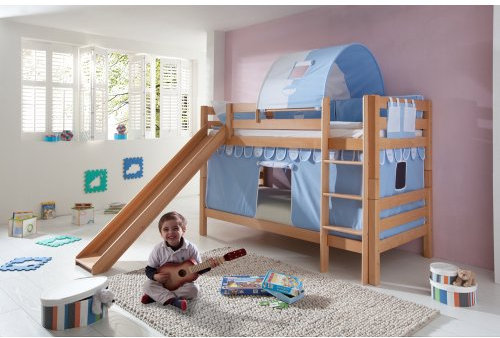 Relita Etagenbett Bill, Buche Natur massiv, mit Rutsche + Stoffset blau
