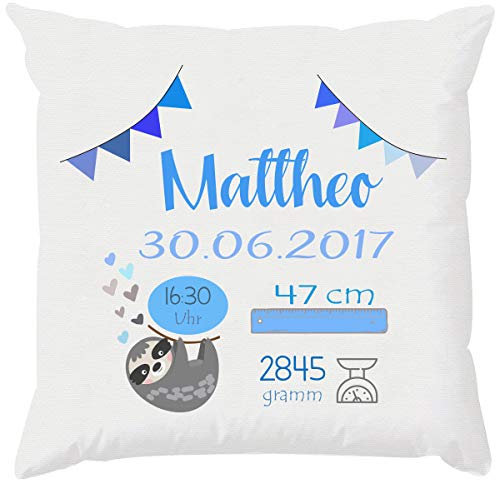 EZYshirt® Personalisiertes Faultier Kissen als Glückwunsch zur Geburt | Geschenke zur Geburt | Babygeschenk für Jungen und Mädchen Kissen | Mit und ohne Füllung