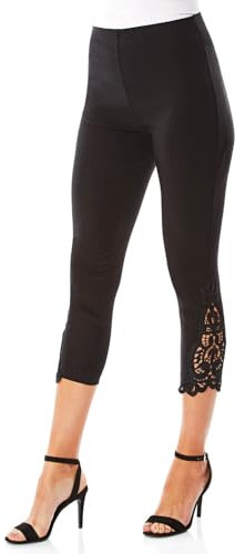 Roman Originals Lace Cropped Trousers for Women UK - Ladies Three Quarter Pants 3/4 Length Lacey Trim Stretch High Waisted Bengaline Smart Office Work Going Out Party Leggings - Black - Size 12