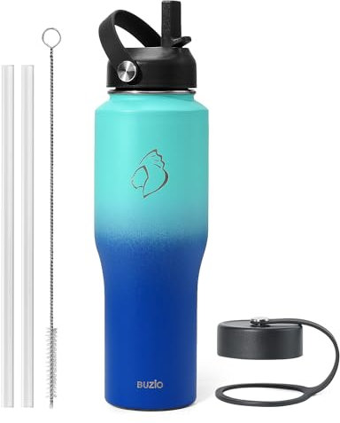 BUZIO 32oz Travel Mug Insulated Tumbler with Straw and Lid Travel Flask Cold for 48 Hrs Hot for 24 Hrs Fit in Any Car Cup Holder, Caribbean Blue