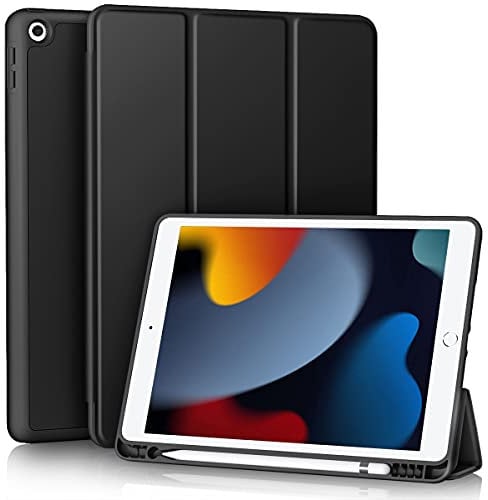 Vobafe Hülle Kompatibel mit iPad 9 8 7 Generation(10.2 Zoll, Model 2021/2020/2019,9./8./7.), Weiche TPU Rückseite Abdeckung Klappständer Schutzhülle mit Stifthalter, Auto Schlafen/Wachen, Schwarz