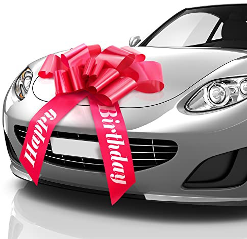 MIFFLIN Happy Birthday Schleife, Große Autoschleife (Rot, 58.4 cm) Große Geschenkschleife, Riesen Bogen für Auto, Geburtstagsschleife, Geburtstagsschleife für Autos, Geschenkverpackungen