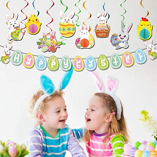 Ostern hängende Wirbel Dekorationen für Frohe Ostern, Osterei Hase Folienwirbel und Frohe Oster-Wimpelkette Banner hängende Dekoration, Fenster, Home Osterdekoration Party Supplies