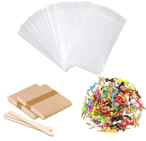 100 Piezas Transparentes Bolsas de Palopsicle/Palillo de Helado de Madera/Enlace Retorcido Bowknot, Bolsa de Hielo de Plástico Transparente Bolsas de Almacenamiento de Helados para Helados Caseros