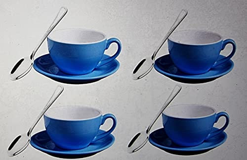 Set de 12 piezas de cafe 4 tazas con plato de ceramica + cucharitas cafe con leche tazas de desayuno 200ml azul