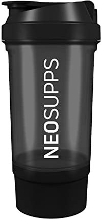 Neosupps Shaker 500 ml Becher Eiweißshaker Schwarz | Praktischer/Sicherer Drehverschluss | Extra Fach für Protein | Farbe:Schwarz/Weiß