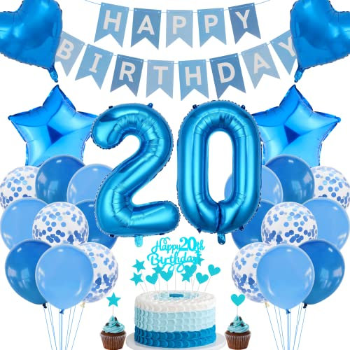 Cnrose 20. Geburtstag Dekoration - Blau Tortendeko für Mann und Frau, Party Deko, Geburtstagsdeko für 20 Jahre