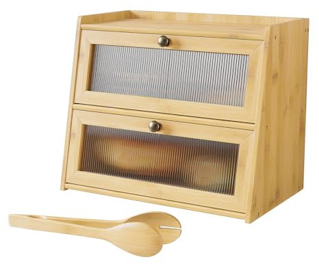 K KELBEL 2 Etagen Bambus Brotkasten,Doppelstöckig Brotkasten für Küche und Ecke,Große Kapazität Brotbehälter für Brot Aufbewahrung mit Fensterbrothalter,40 x 25 x 33cm Natur