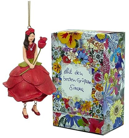 Fiebiger Floristik Blumen-Mädchen Rose rot zum Hängen Elfen-Dekofigur Flower Fairy Figur Blumenfigur Skulptur Blumenkinder in Geschenk-Box