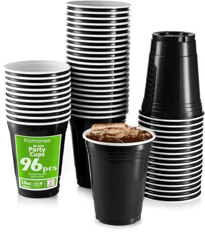 Komonee Black Cups 16oz 500ml Wide Rimmed Disposable American Superbowl Party Cups USA Adult Novelty Plastic Glass 96pc