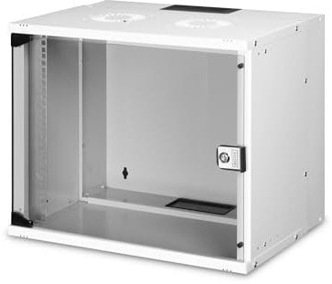 DIGITUS Armadio di rete - Rack 19 pollici 9 U - non montato - montaggio a parete - profondità 400 mm - profondità utile 327 mm - Capacità di carico 60 kg - porta in vetro - serie SOHO Pro - grigio