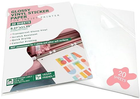 20 fogli di carta adesiva in vinile A4 non impermeabile con finitura lucida trasparente per stampante a getto d'inchiostro, carta da stampa autoadesiva, adesivi in vinile stampabili per creare