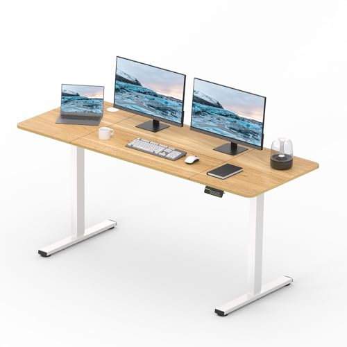 FitStand 160x60cm höhenverstellbarer Schreibtisch Elektrisches Stehpult, höhenverstellbares Stehpult mit Kopfhörerhaken, Stehpult für das Home Office mit Memory-Funktion und Kindersicherung (Ahorn)
