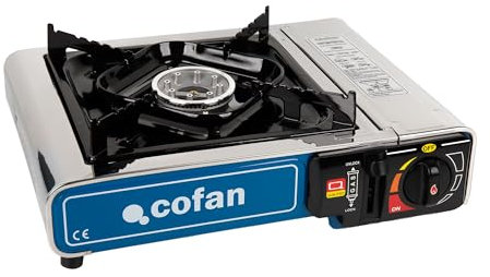 Cofan Cocina portátil de gas | Hornillo de camping | Con 1 fogón | Compatible con cartuchos de gas | Potencia: 2200 W | Medidas: 34 x 28 x 11,5 cm