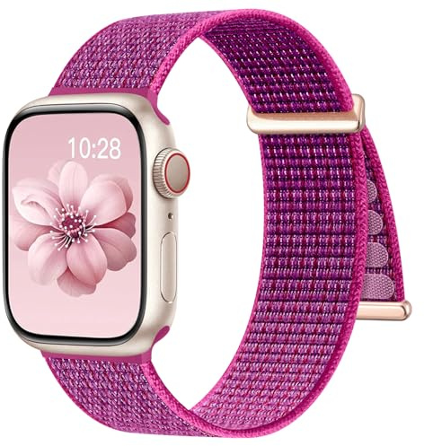Upeak Gewebtes Sport Loop Armband Kompatibel mit Apple Watch Armband 40mm 41mm 38mm 42mm(Series 10), Nylon Verstellbare Sportarmband Band für iWatch SE Series 10/9/8/7/6/5/4/3/2/1/Ultra, Pitaya