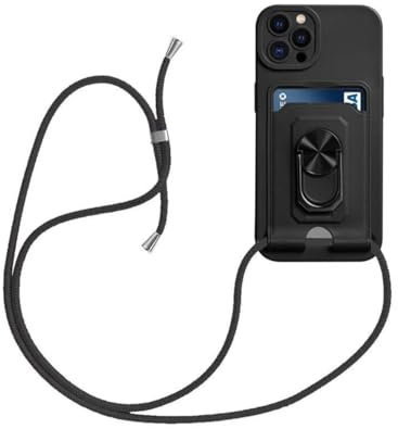 KK KENIK for iPhone 13 Pro Lanyard Case with Card,Ring Holder,iPhone 13 Pro Liquid Silicone Slim Fit Shockproof Protective Wallet Case with Adjustable Neck Strap Lanyard Case (Black)