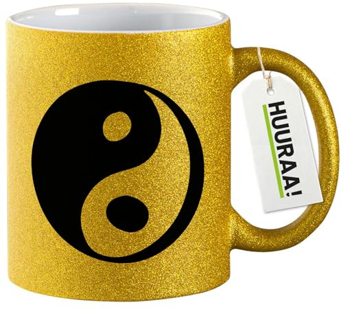 Huuraa Glitzertasse Yin und Yang Taoismus Geschenk | Motivtasse 330ml Glitzer Tasse mit Spruch Gold Keramik Kaffeebecher Geschenkidee Goldener Glitter Becher mit Motiv