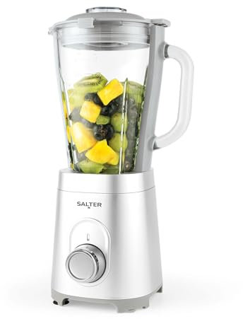 Salter EK5531MMSVDE Aspen Frullatore - con capacità di 1,5 l, 2 impostazioni di velocità e impulsi, lama in acciaio inox, caraffa per frullare in vetro rimovibile, facile da pulire, 600 W, argento