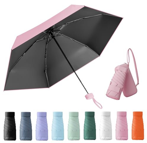 Wydexint Kleiner Regenschirm, portable folding umbrella, mini reise regenschirm, leichter Reiseschirm, taschenschirm, UV-faltbar mit Kapselbox, reisewasser- und winddicht für Männer und Frauen(Rosa)