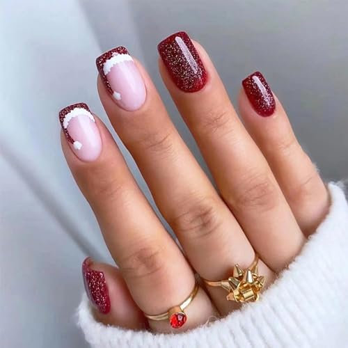 Christmas False Nails - 24Pcs Medium Square Glitter Red Fake Nails - Cute Glitter Red Christmas Hat Designs Press on Nails - Acrylic Full Cover False Nails with Glue for Nail Art