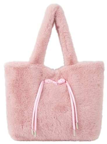 MEGAUK Damen Plüsch Umhängetasche Große Kapazität Cartoon Bär Stickerei Shopper Schultertasche Tote Bag für Uni Arbeit Mädchen Schule (08404 Rosa)
