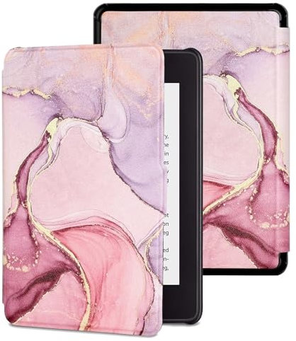 MOKASE Étui pour Kindle Paperwhite 7 Pouces (12e gén. 2024) & Kindle Colorsoft Signature Edition 1st Gen 2024, Protection de Main en Cuir PU Ultra-Mince avec Dragonne pour 2024 E-Reader, Pink Marble