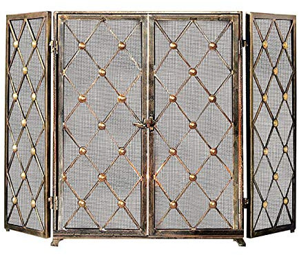 Kaminschutzgitter, strapazierfähig, aus Schmiedeeisen, Funkenschutzgitter für Kamine, zusammenklappbar, groß, flach, für drinnen und draußen, dekoratives Metallgittertor mit 3 P