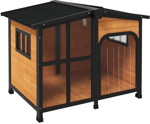 PawHut Wooden Dog Kennel, Elevated Dog house with Removable Floor, Asphalt and Openable Roof, Large Window, Outdoor Pet House Shelter for Large Dogs, Yellow