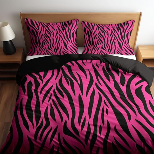 Housse de Couette 140 x 200 cm Imprimé zèbre rose rouge - Parure de Lit Enfant Adulte 1 Personnes avec Fermeture Éclair Sets de Housse Couette en Polycoton avec 2 Taie d'oreiller 65x65 cm, Noir