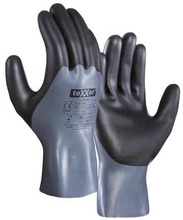texxor 12 Stück Chemikalienschutz-Handschuhe 2361, Nitril, Packung, grau-schwarz, 8/M, Chemikalienhandschuhe, Nitrilhandschuhe, Schutzhandschuhe
