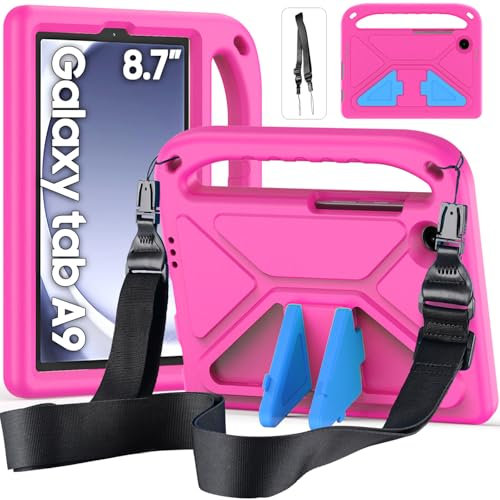 DUZZONA Custodia per Samsung Galaxy Tab A9 8,7 Pollici 2023 (SM-X110/X115/X117), Leggera Antiurto Cover per Bambini con Cavalletto e Spallacci, Magenta