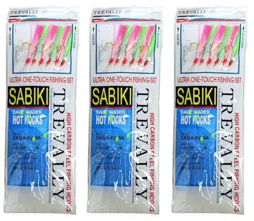 Mackerel Cod Feathers Sea Fishing Rig 6 Hook size 2/0 Hearing Pollock Bass Jigs Rigs Pier Boat Lure Herring Whiting Pre Tied Flashes Luminous Bead Rainbow Colourful Pink Green Red Gold (3 - Pack)