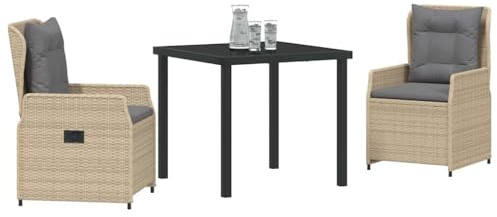 vidaXL 3-teilige Garten-Essgruppe Beige Poly Rattan | 2-Sitzer mit Stahlrahmen und Kissen, Tisch 80 x 80 cm, wetterfestes Outdoor-Möbel, modernes Design für Balkon oder Terrasse