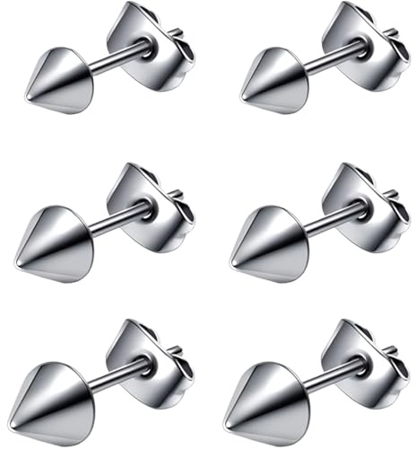 Edelstahl Spike Kegel Ohrringe Set 3 Paar Silber Pfeil Ohrstecker Hypoallergene Damenohrringe Kit für Damen Herren Klein Schmuck Stud Earrings Jewelry Size 3-5 MM