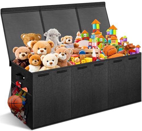 Extra Large Toy Box with Lids - Sturdy Collapsible Kids Storage Organizer Big Bin Chest Basket with Dividers for Boys Girls, Bedroom, Nursery, Living Room, Playroom Organization, 38x16x14, Black